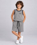 YUKTH KIDS Boys Grey Printed Cotton-Blend Vest and Shorts Set.