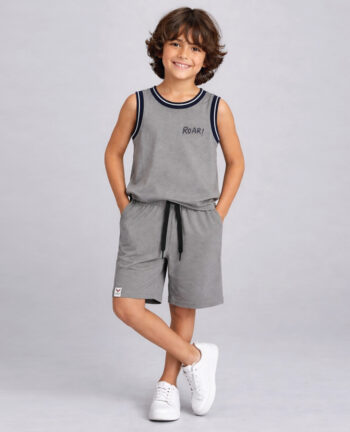 YUKTH KIDS Boys Grey Printed Cotton-Blend Vest and Shorts Set.