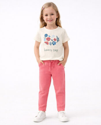 YUKTH KIDS Girls' Cotton Floral Chest Embroidery T-shirt and Trousers Set
