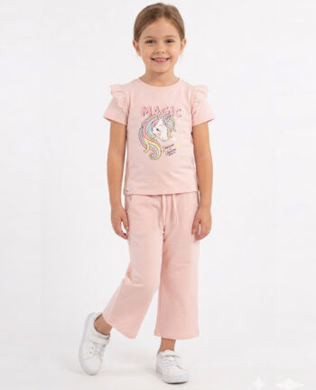 YUKTH KIDS Girls Soft pink cotton blend printed T-shirt and Trouser set