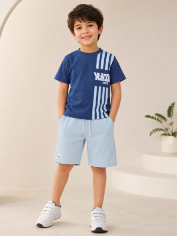 YUKTH KIDS Boys Blue Printed T-shirt and Shorts set.