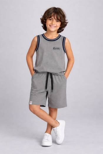 YUKTH KIDS Boys grey Printed Cotton-Blend vest and shorts set.
