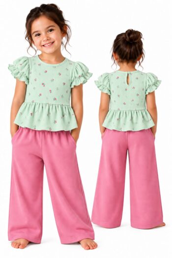 YUKTH KIDS GIRLS Puff sleeved Top and Trousers set.